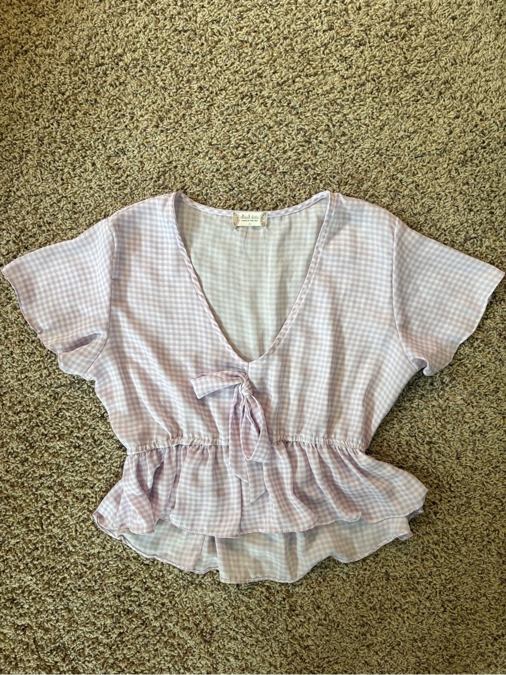 Altar'd State Lavender Gingham Tie-Front Peplum Blouse